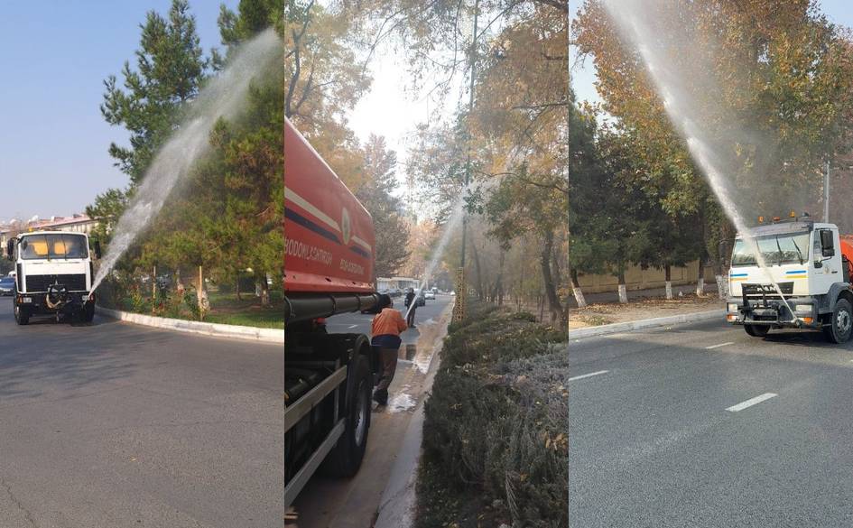 Toshkentda havo ifloslanishini kamaytirish maqsadida yo‘llar va daraxtlarga suv sepildi